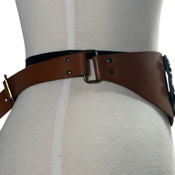 Women’s Brown Leather Apron Corset Belt Medallion HH Monogram - Picture 4 of 9